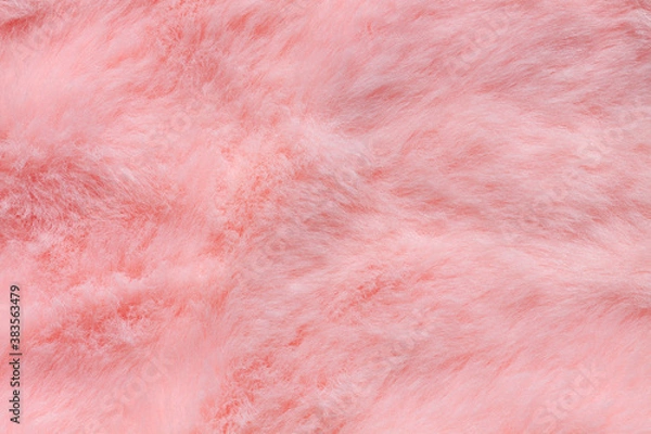 Fototapeta Pink fur texture top view. Coral fluffy fabric coat background. Winter fashion color trends feminine flat lay, female blog backdrop for text signs desidgn. Girly abstract wallpaper, textile surface.