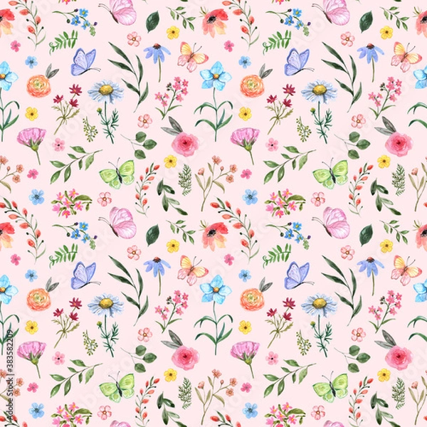 Obraz Watercolor botanical seamless pattern with small flowers. Cute floral print, blooming summer meadow illustration with butterflies and wildflowers on pink background. Nursery designer paper