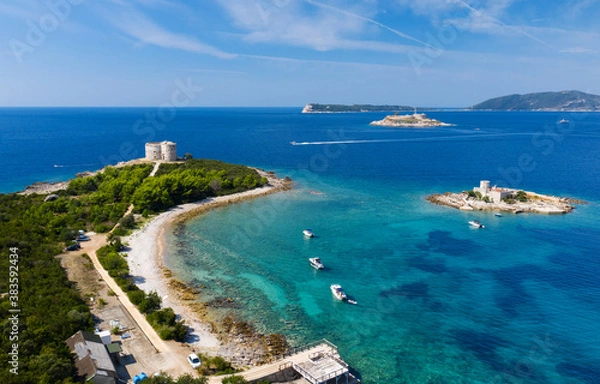 Fototapeta Montenegro. Arza fortress. Island and Monastery of the Holy Introduction, Church of the Introduction of the Blessed Virgin Mary. Island and fortress Mamula