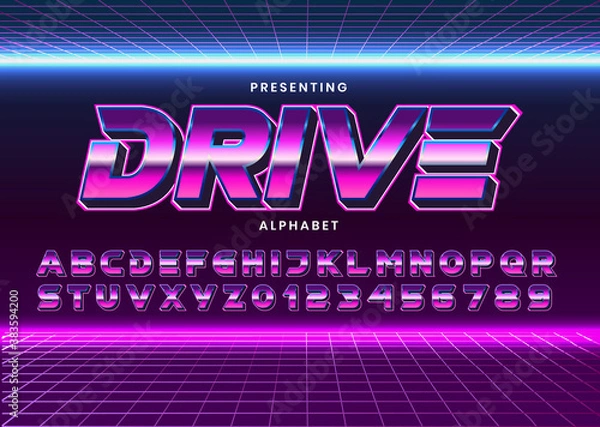 Fototapeta Retro Futuristic 80s font style. Vector alphabet with chrome effect template for game title, poster headline, old style