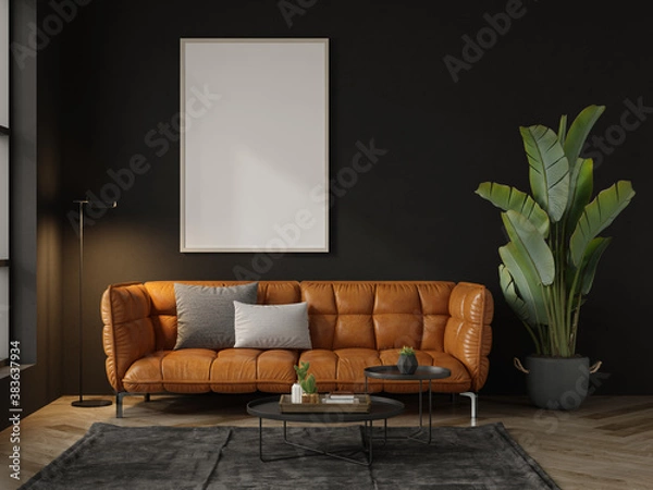 Fototapeta Mock up poster in black interior room 3d illustration