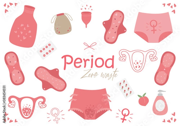 Fototapeta Menstrual period. Various female hygiene product. Set of hand drawn zero waste objects: menstrual cup, reusable pads, panties, hot water bottle, uterus. Eco protection for woman in critical days.