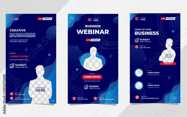 Fototapeta Collection of social media stories post templates. Vector graphic of aquatic background with blue color and wave shapes, perfect for business webinars, marketing, online class and other online seminar