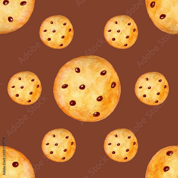 Fototapeta Seamless pattern with Christmas cookies on a brown background. Can be used for wrapping, packaging, paper, fabric. Painted in watercolor.