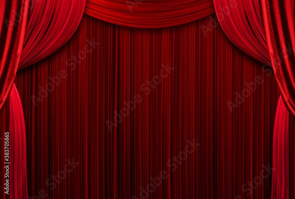 Fototapeta Red Curtains Theatre Scena scena. Kurtyna z miejscem do kopii. Pokaż koncert w tle. Otwórz czerwone zasłony z błyszczącą operą lub tłem teatralnym. Pusta scena z czerwoną zasłoną.