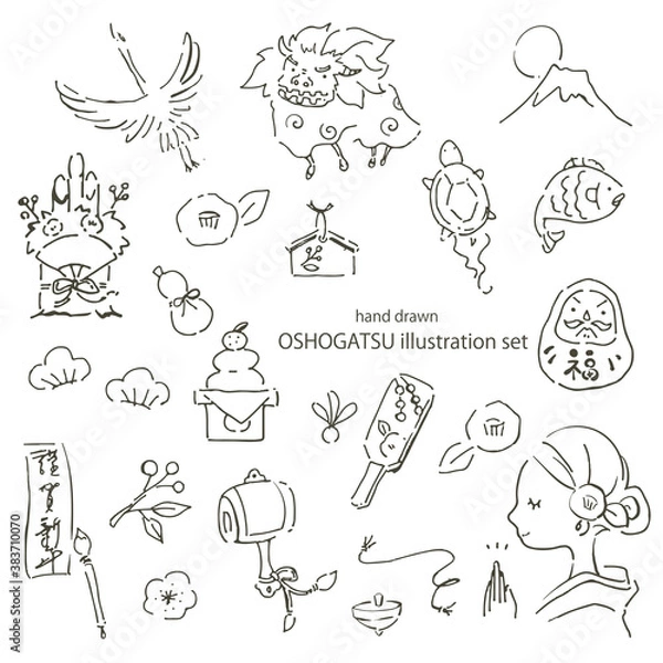 Obraz お正月の手描きイラストセット　線画