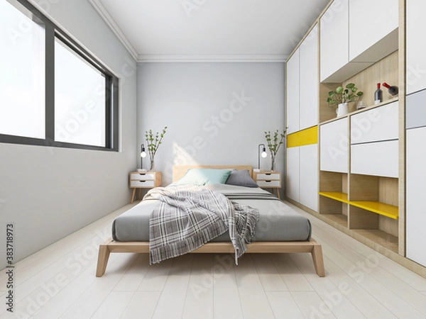 Fototapeta A clean and tidy bedroom has a bed, a bedside table, a dressing table, etc