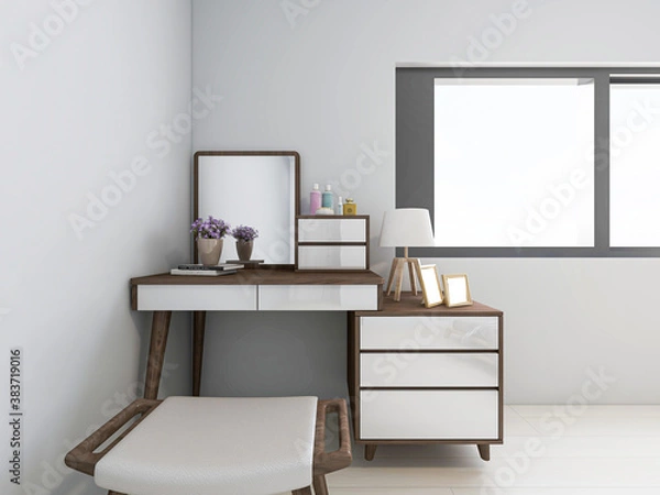 Fototapeta A clean and tidy bedroom has a bed, a bedside table, a dressing table, etc