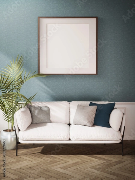 Fototapeta living room interior design with white sofa and green wall, 3D render background