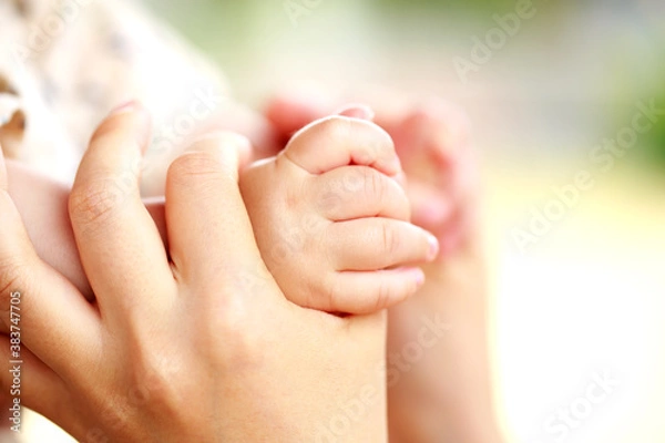 Fototapeta 母親と赤ちゃんが手をつなぐ　両手を握って親子の触れ合い