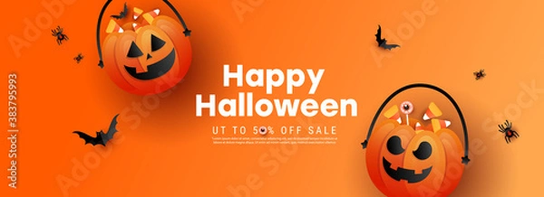 Obraz Happy halloween background template with terrible face pumpkin and color candy, bats with text on orange background.