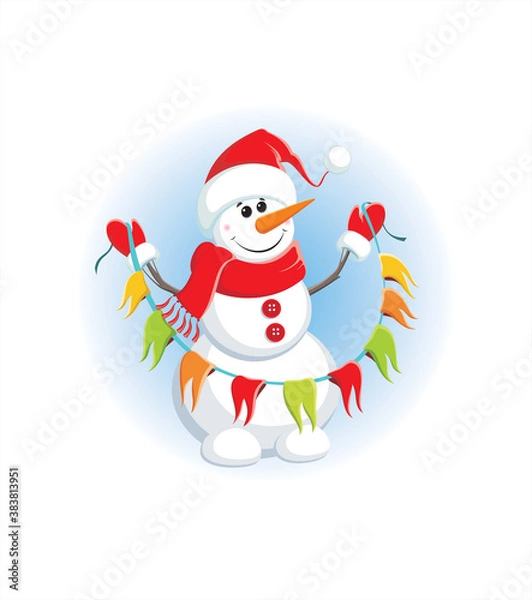 Fototapeta Happy smiling snowman holding a festive garland. Holidays greeting card.