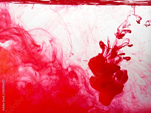 Fototapeta Closeup of a red ink in water in motion isolated on white. Ink swirling underwater. Colored abstract smoke explosion effect. Abstract background with copy space..