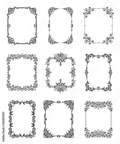 Fototapeta Black Ornate Frames with Filigree Swirls Vector Set