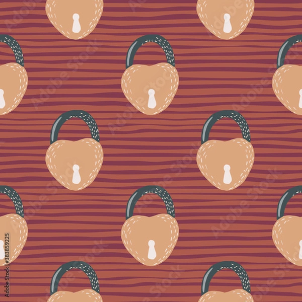 Fototapeta Seamless stylized pattern with orange lock ornament. Door elements on maroon stripped background.