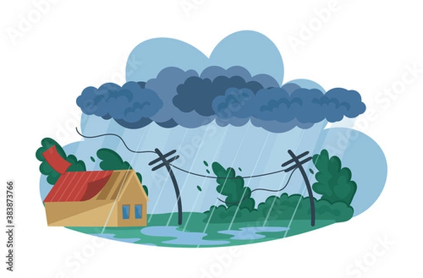 Fototapeta Natural disasters Tropical cyclones. Swirling tornado in village destroy houses, tropical rainstorm with strong wind breaks trees blows off roof of building. Huge wind, waterspout storm