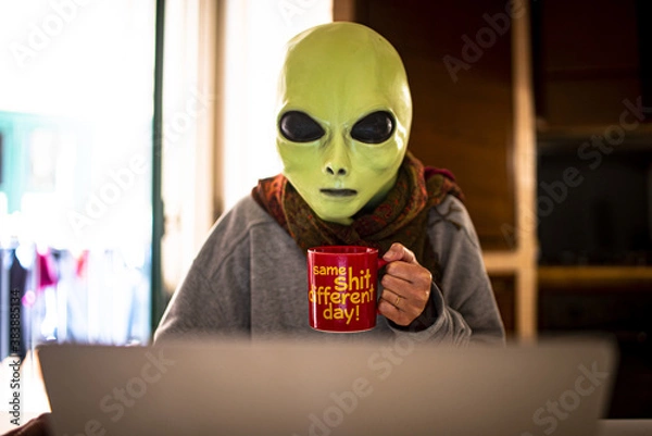 Fototapeta smart working. alien at work in the house. same shit different day