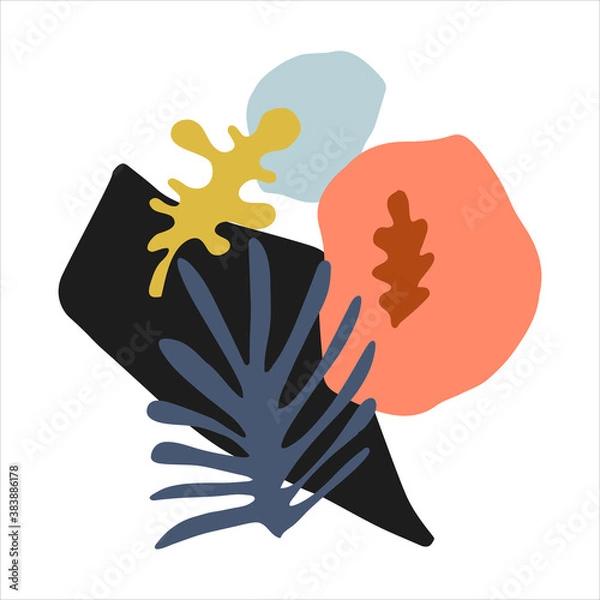 Obraz Abstract composition with tropical leaves and shapes. Vector hand drawn artwork for poster, card, interior, print, textile.