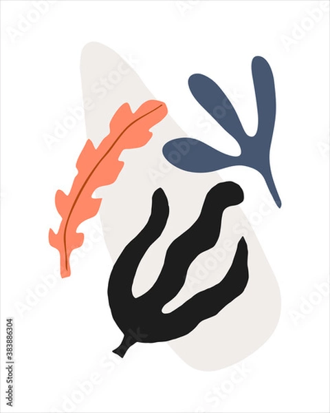 Fototapeta Abstract composition with tropical leaves and shapes. Vector hand drawn artwork for poster, card, interior, print, textile.