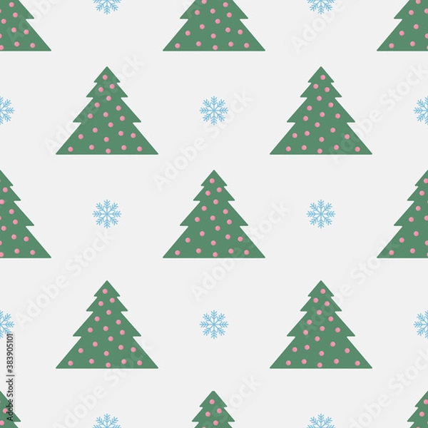 Fototapeta The seamless pattern with the green Christmas trees and the blue snowflakes is on the silver background.