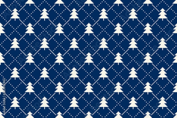 Fototapeta Winter Holiday Pixel Pattern with Christmas Trees Ornament. Vector Seamless Holiday Design Background. Scheme for Knitted Sweater Pattern Design or Cross Stitch Embroidery.