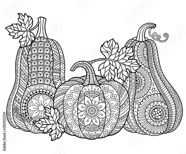 Fototapeta Vector coloring book for adults. Halloween pumpkins in mandala style with detailed patterns