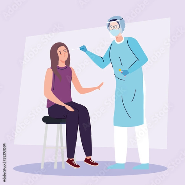 Fototapeta covid 19 virus test doctor and woman on chair design of ncov cov and coronavirus theme Vector illustration