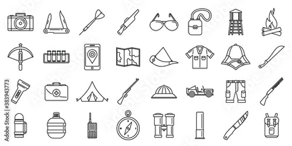 Fototapeta Hunting safari equipment icons set. Outline set of hunting safari equipment vector icons for web design isolated on white background