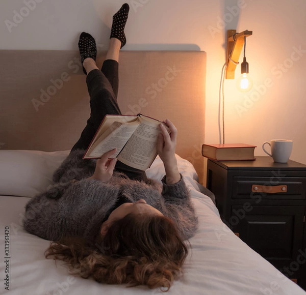 Obraz Tiempo de relajarse y disfrutar de un buen libro desde la comodidad del hogar. Retrato de mujer joven adulta recostada leyendo sobre la cama en una agradable y cálida habitación en una tarde otoñal. 