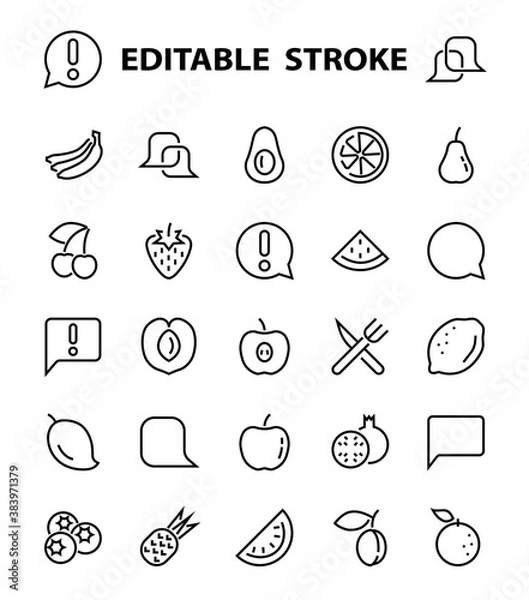 Fototapeta Fruit Icon Set, Vector lines, Contains icons such as apple, banana, cherry, lemon, watermelon, Avocado Editable stroke, 48x48 pixels, White background, eps 10