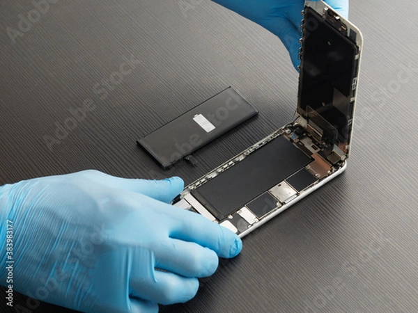 Fototapeta Technician opened smartphone for replace battery. Close-up shot..