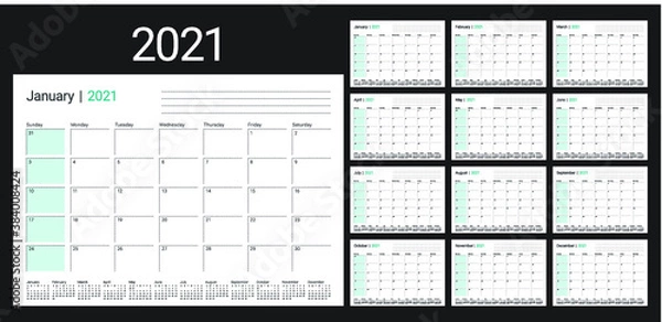 Fototapeta Year 2021 desk calendar vector illustration, simple and clean design. 
