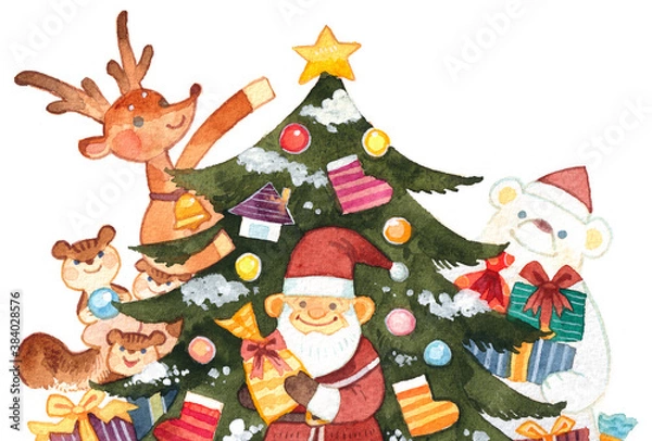 Obraz クリスマスツリーと動物たち