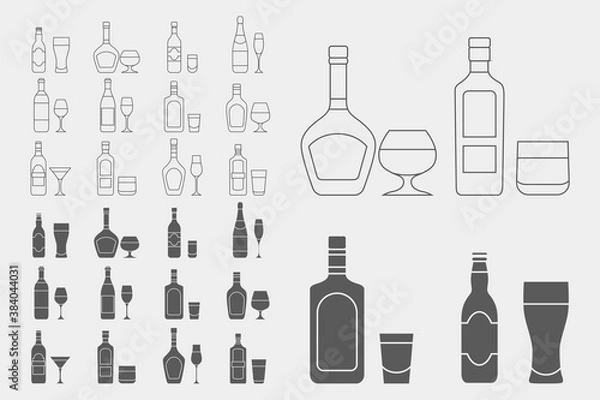 Fototapeta Alcohol drink Icons set - Vector outline symbols and silhouettes of glass, bottle, wine, beer, champagne, whiskey, vodka, cognac and others for the site or interface