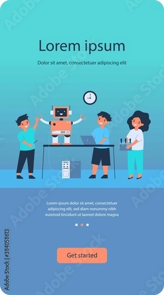 Fototapeta School robotics project. Group of children with laptop and remote control creating cyborg, presenting humanoid robot. Flat vector illustration for childhood activity, education, innovation concept