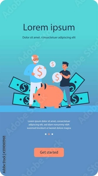 Fototapeta Grandfather teaching grandson to do money saving. Pig, deposit, coin flat vector illustration. Finance and wealth concept for banner, website design or landing web page