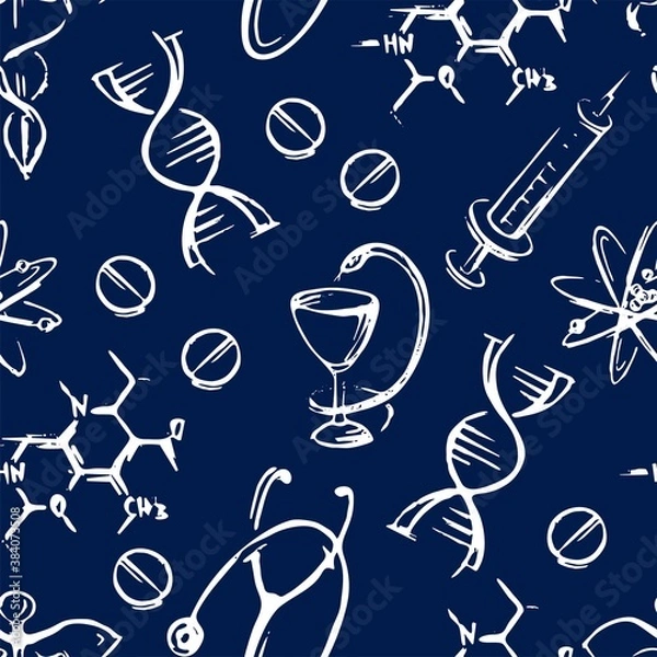 Fototapeta Seamless pattern with medical images on a blue background. For medical. Vector graphics.