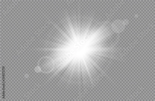 Fototapeta White glowing light burst explosion with transparent. Vector glowing light effect with gold rays and beams. Transparent shine gradient glitter, bright flare. vector illustration.