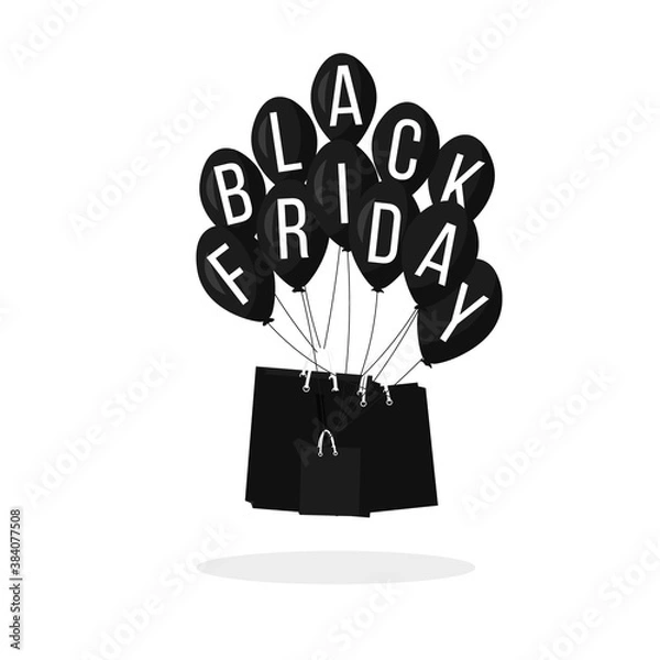 Fototapeta Web illustration with shopping elements about black friday day. Sale poster with black shiny balloons and paper bags on white background. Isolated vector icons for internet shop