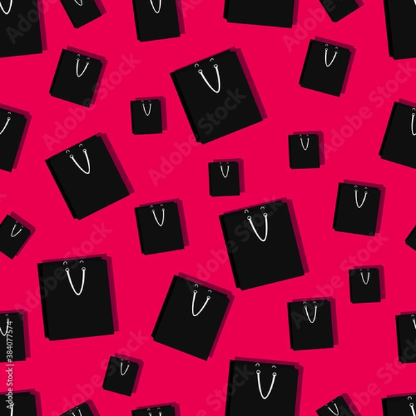 Fototapeta seamless pattern with black paper bag on pink background. cute sale banner on black friday. illustration in flat style