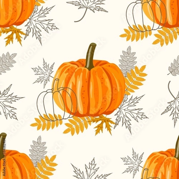 Fototapeta Seamless pattern with leaves and pumpkins. Vector autumn background.