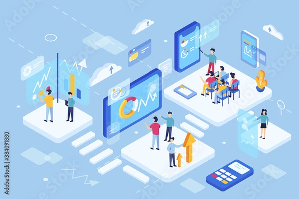 Fototapeta 3d ismoetry of virtual learning with mobile displays and graphs, with flying platforms and people studying, isolated on white background, flat vector illustration.