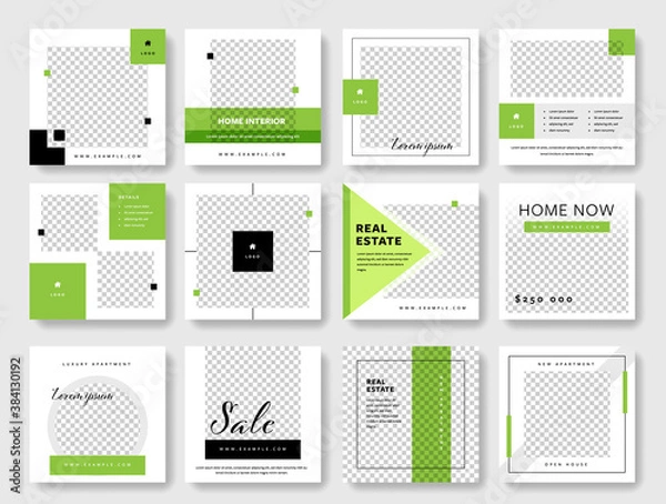 Fototapeta Social media post template collection with green accent. Square graphic banners for online advertisement and digital marketing. Editable real estate designs for agents