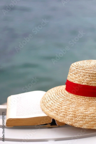 Obraz Open book and straw hat by the water. Selective focus.