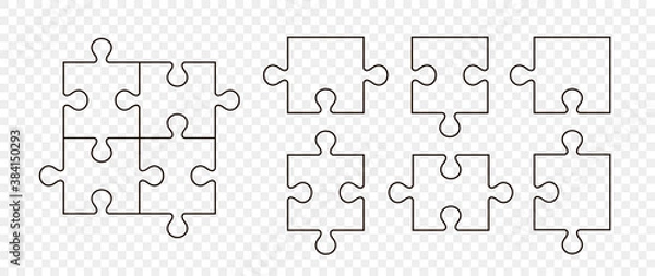 Fototapeta Puzzle pieces vector set. Separate puzzle pieces with the ability to change the thickness of the lines. Puzzle isolated on transparent background. Vector