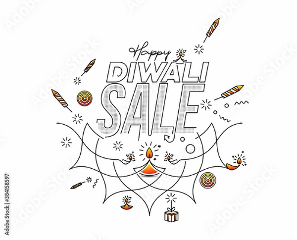 Fototapeta Happy Diwali text with Rocket firecrackers design. Sale Poster Banner Vector illustration.
