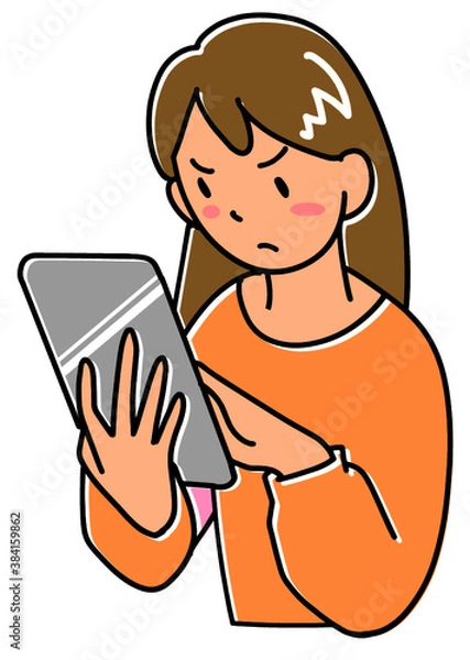 Fototapeta 不機嫌な顔でタブレットを見る若い女性