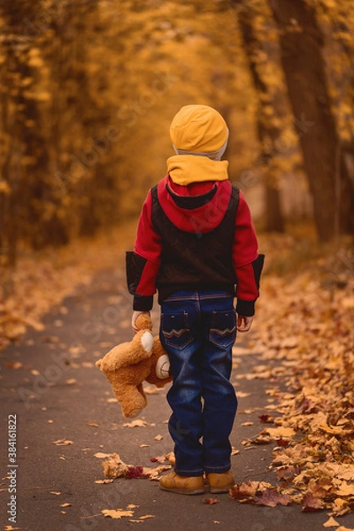 Fototapeta A child with a toy in his hand is standing in the autumn park. View from the back. Boy in a yellow hat with a teddy bear in his hand. Childhood.