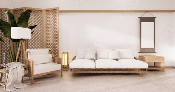 Fototapeta partition japanese on room tropical interior with tatami mat floor and white wall.3D rendering