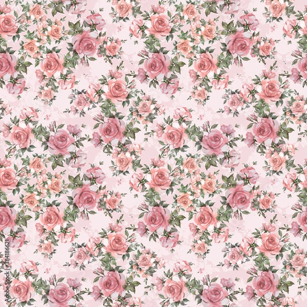 Fototapeta Seamless beautiful pattern of painted roses with foliage